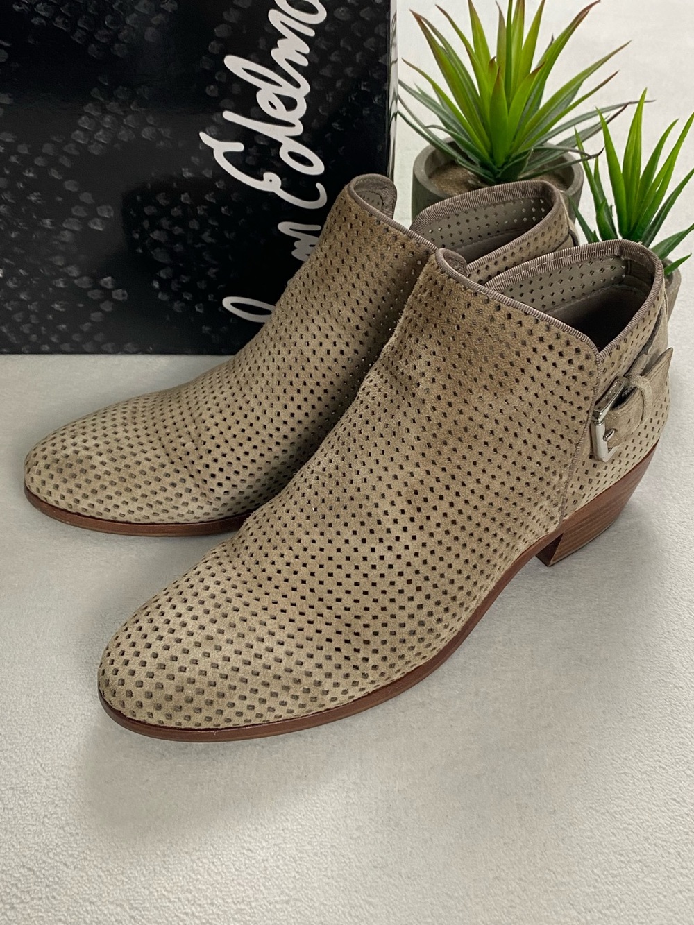 Sam Edelman Paula Perforated Suede Leather Ankle Boots | Putty Suede